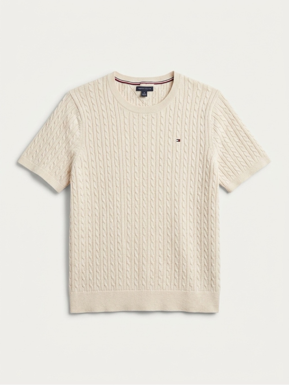 Tommy Hilfiger Cable Knit Short Sleeve Sweater Cream XL Preppy